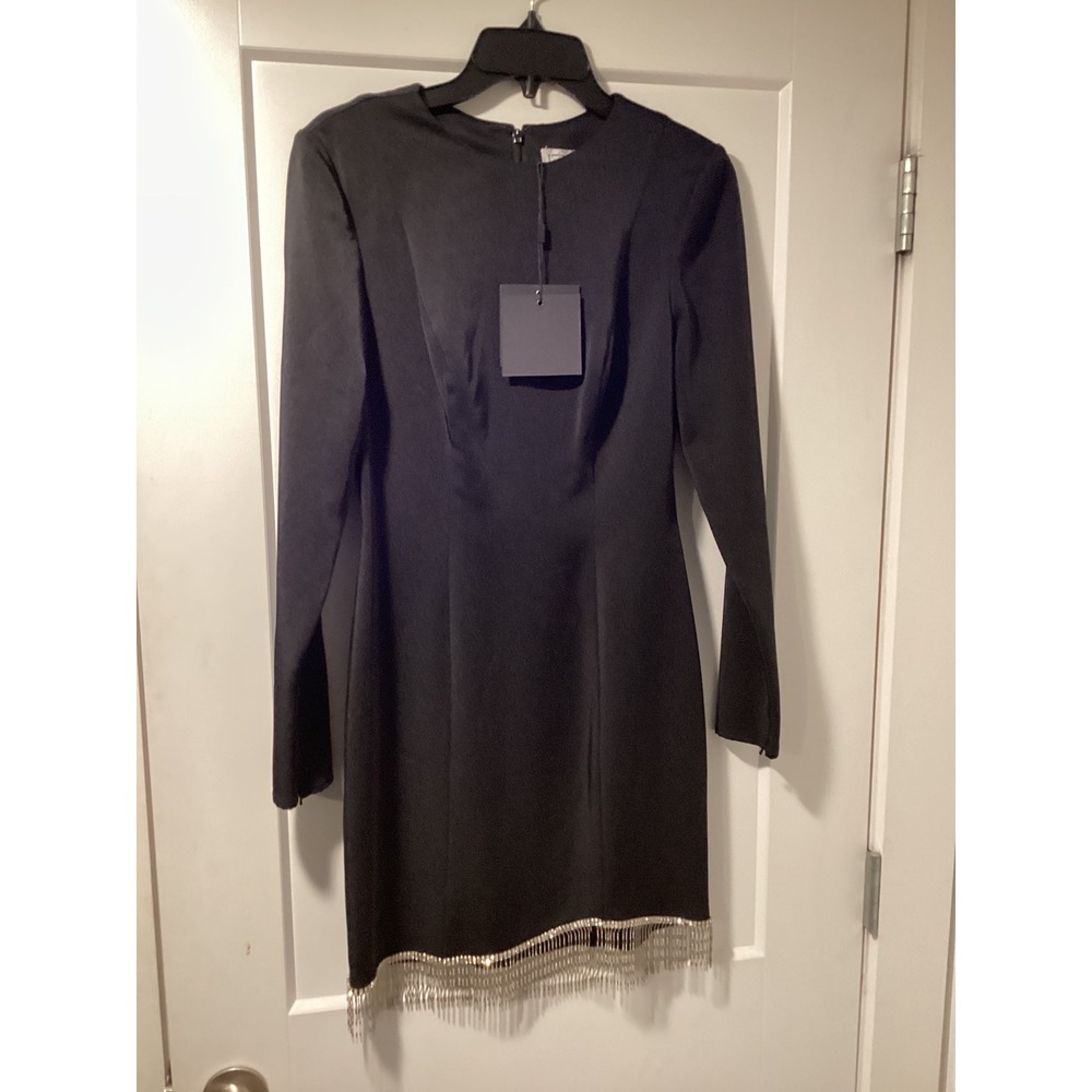 Ieena for Mac Duggal‎ Black Rhinestone Fringe Long Sleeve Mini Dress NWT